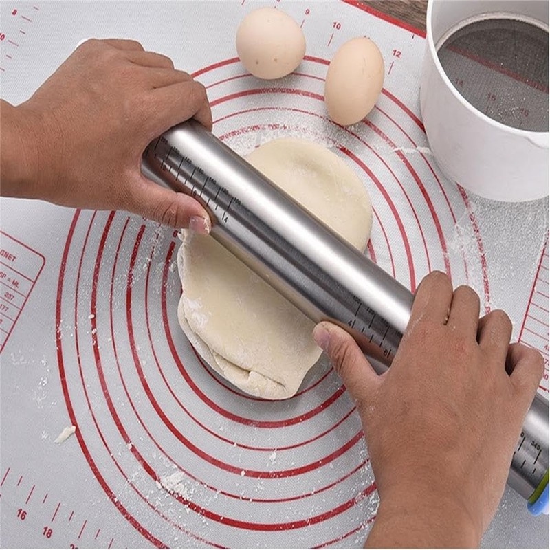 Elegant 17-Inch Stainless Steel Rolling Pin with Non-Slip Silicone Baking Mat gallery