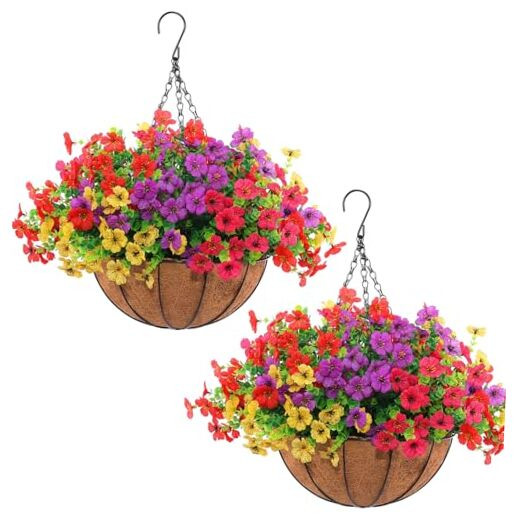 Set Artificial Fake Hanging Plants Flowers 2 Red, Purple, Yellow, Rose Red