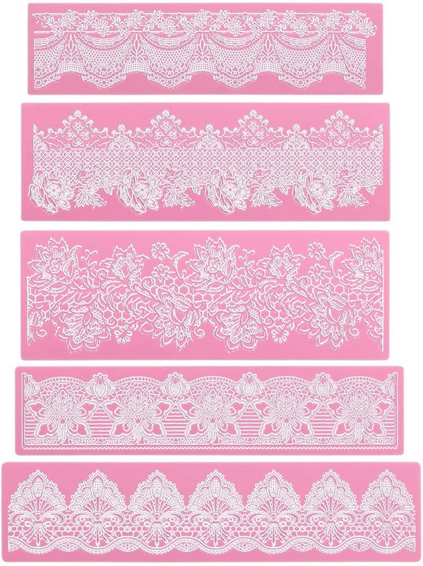 Beasea Lace Molds for Cake Decorating, 5Pcs Silicone Fondant Lace Mats Pink Flow