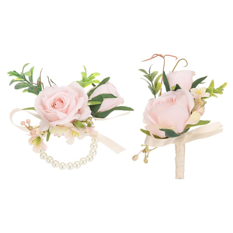 1 Set Artificial Flower Wrist Corsage and Boutonnieres Set for Women Champagne