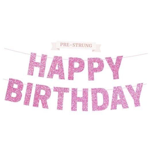 Pre-strung Happy Birthday Banner – No DIY – Pink Glitter Happy Light Pink