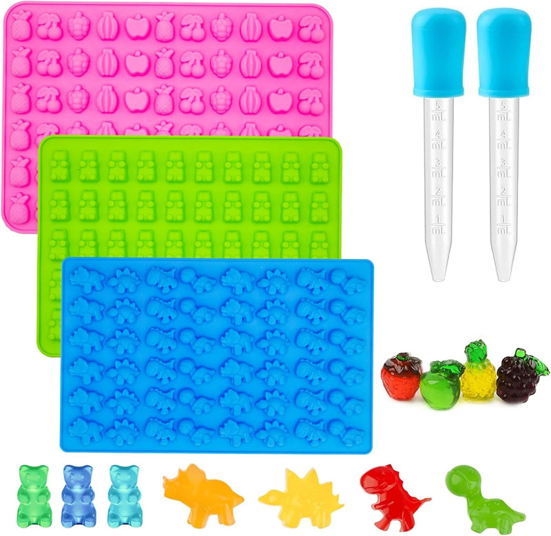 3Pcs Gummy Candy Molds for Kids – Silicone Mini Gummy Bear/Dinosaur/Fruit Snack