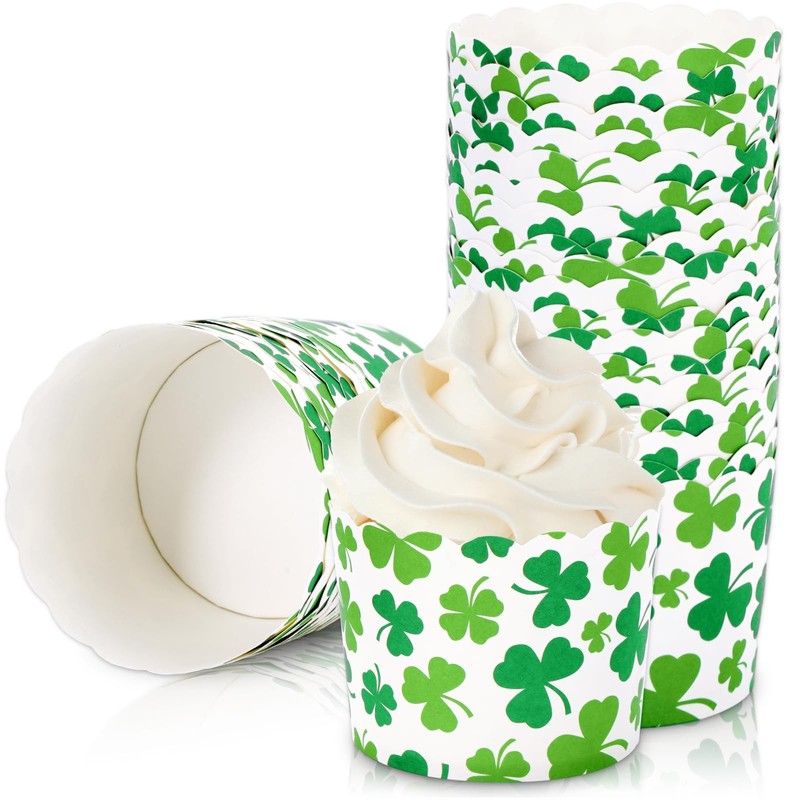 100Pcs St. Patrick’s Day Paper Baking Cups Green Shamrock Cupcake Wrappers Sc