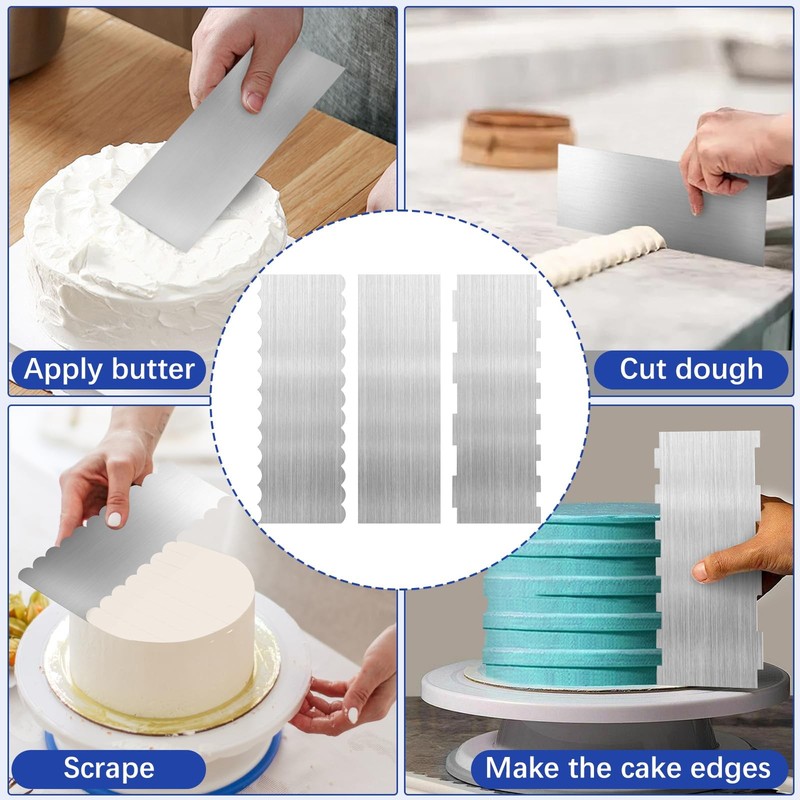 3 PCS 8.6 Inch Stainless Steel Cake Scraper Double Sided Patterned Comb gallery