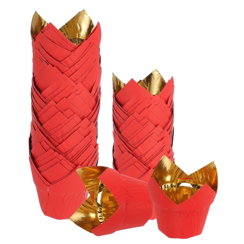 50Pcs Tulip Baking Cups for Aluminum Foil Liners Gold/Red