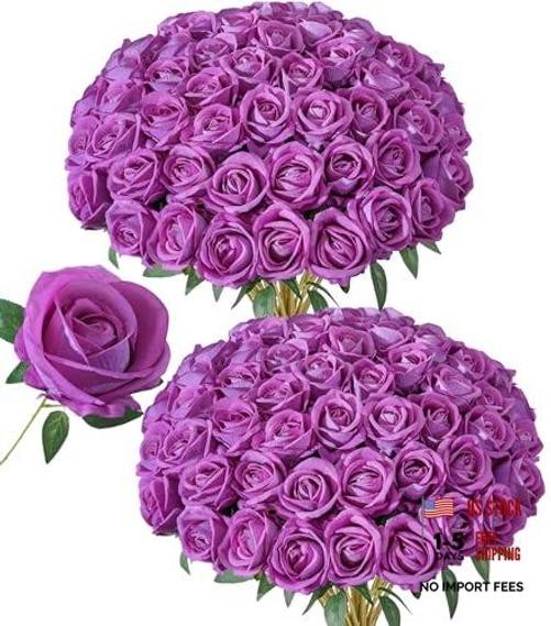 50 PCS Roses Artificial Flowers, Fake Roses with Stem Realistic Silk Fuchsia