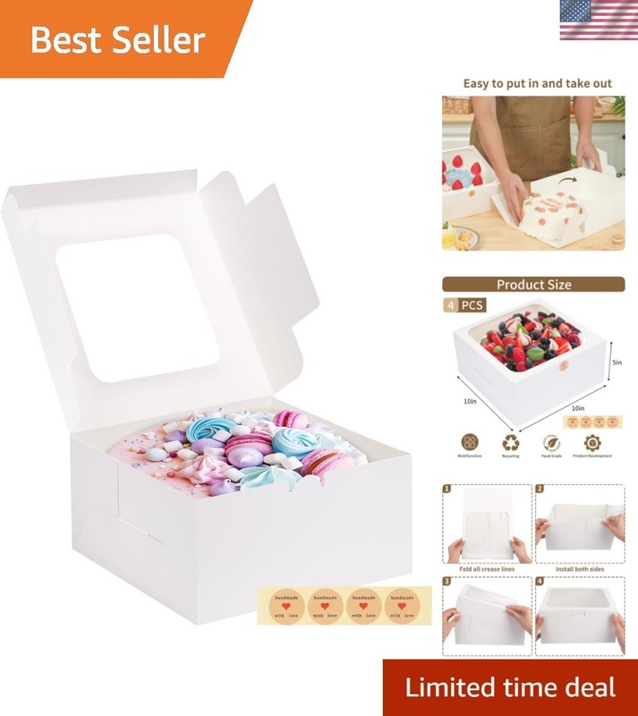 Clear Window Bakery Boxes – 4 Pack, 10x10x5 Inches, Perfect for Cakes & Treats