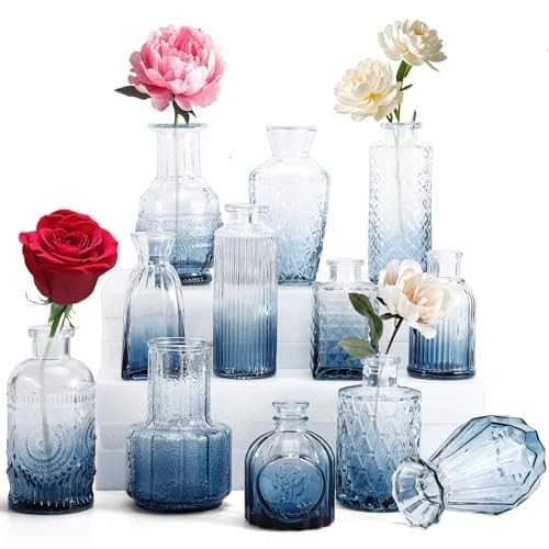 Set of 12 Blue Glass Bud Vases – Small Blue Flower Vases
