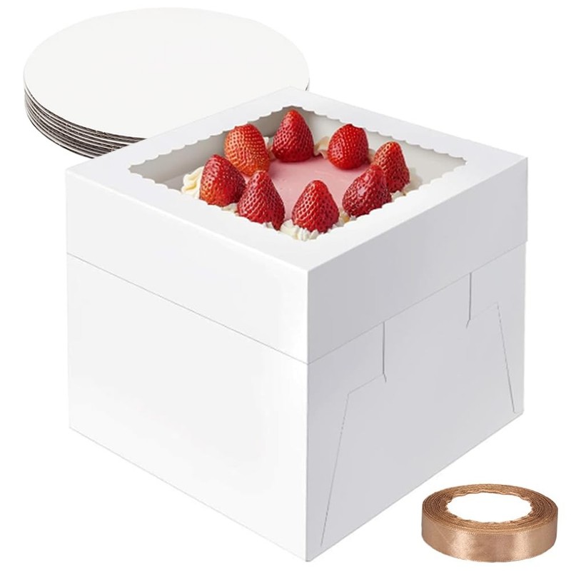 White Cardstock Square Cake Boxes Window Multi Layer Bakery Box 8x8x8 In 10P