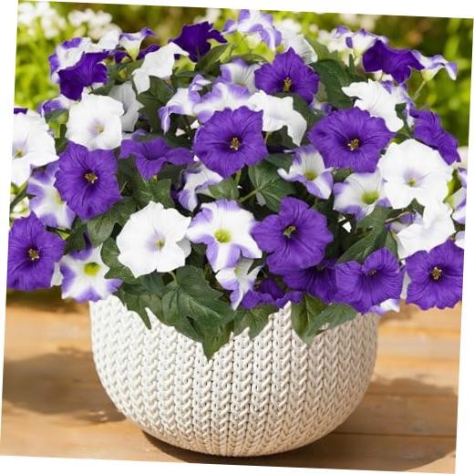 Artificial Flowers for Outdoors, Faux Petunias Spring Summer 6 Purple-white
