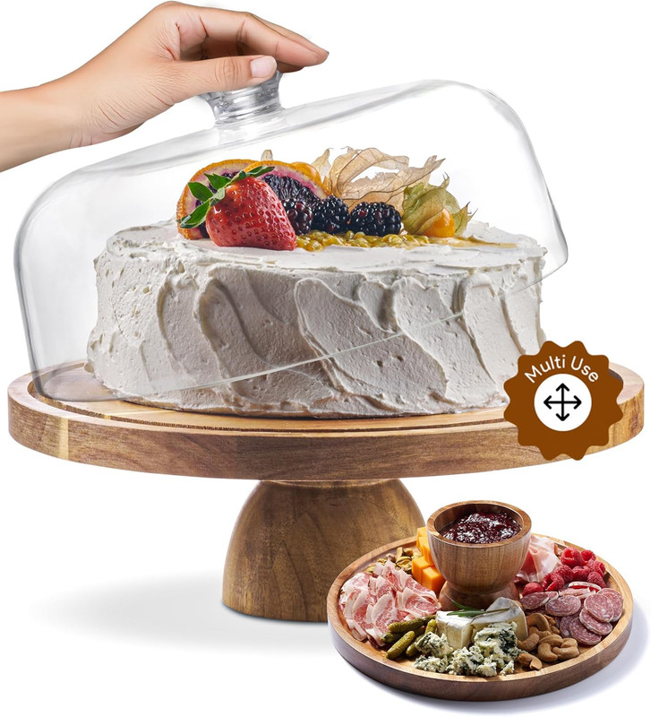 Acacia Wood Cake Stand with Lid – Cake Stand with Dome,12In round Cake Holder, 2
