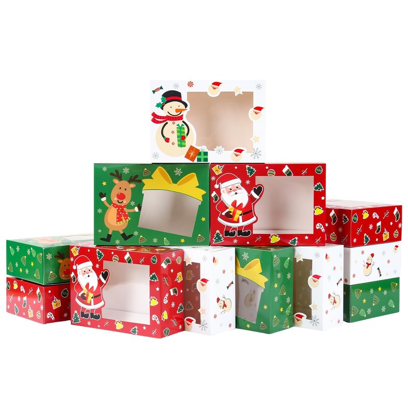 Christmas Cookie Boxes 24 PCS Window Holiday Gift Treat Containers 3 Style Red