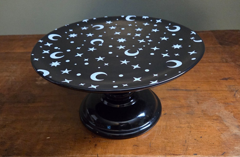 Celebrate It BLACK Celestial MOON AND STARS Print Cake Stand 10” Diameter