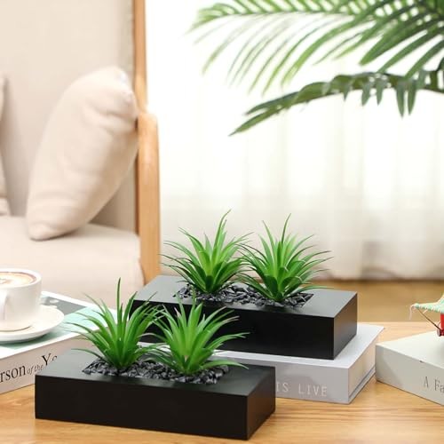 2 Pcs Artificial Green Grass Plants in Wood Decorative Planter 9.5 Inch Black gallery
