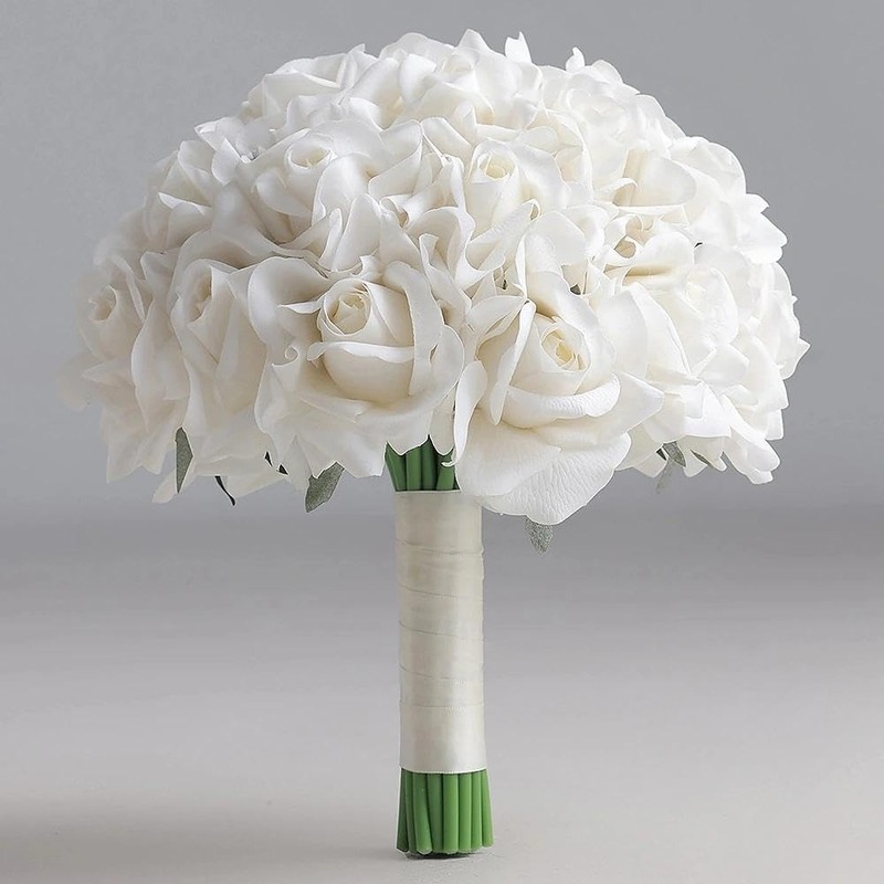 10 Inch Wedding Bouquets for Bride, Morandi Ivory Cre White Real Touch