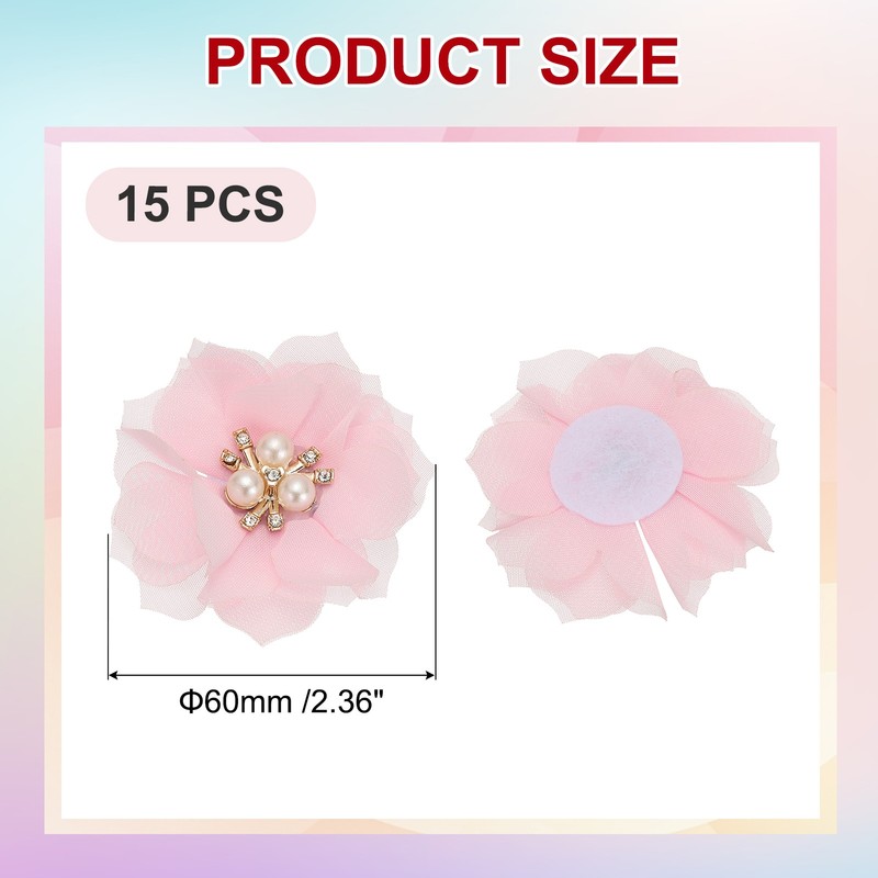 2.36 Inch Rhinestone Chiffon Flower, 15 Pcs Fabric Appliques, Pink gallery