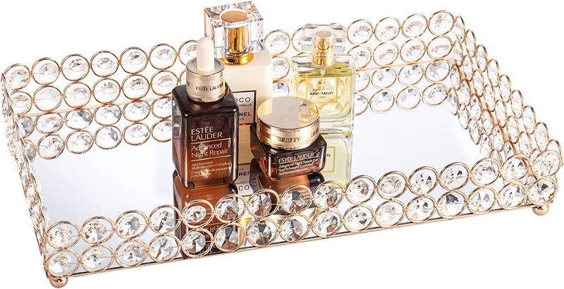 Feyarl Large Crystal Rectangle Mirrored Tray Cosmetic Vanity Gold