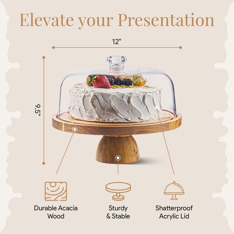 Acacia Wood Cake Stand with Lid - Cake Stand with Dome,12in Round Cake Holder... gallery