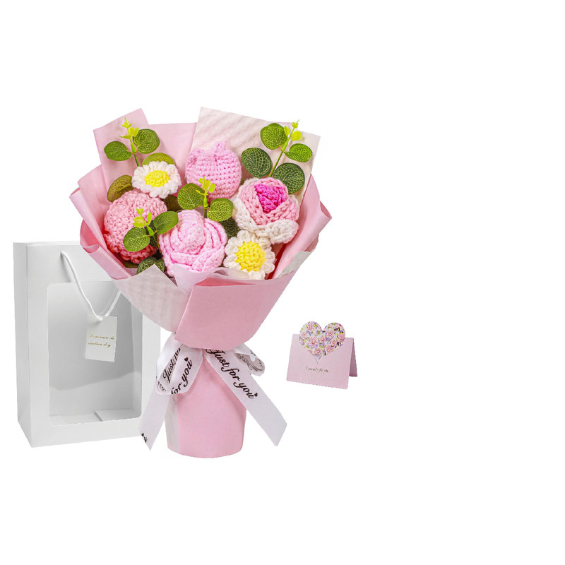 Busymouth Crochet Flower Bouquet Blush Pink Handmade Knitted Flowers Tulip Rose