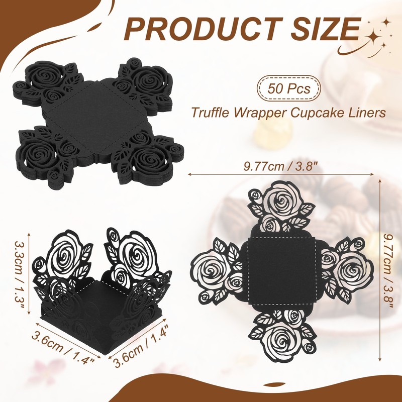 50Pcs 1.4x1.4" Rose Shape Truffle Wrapper Cupcake Liners for Decor, Black gallery