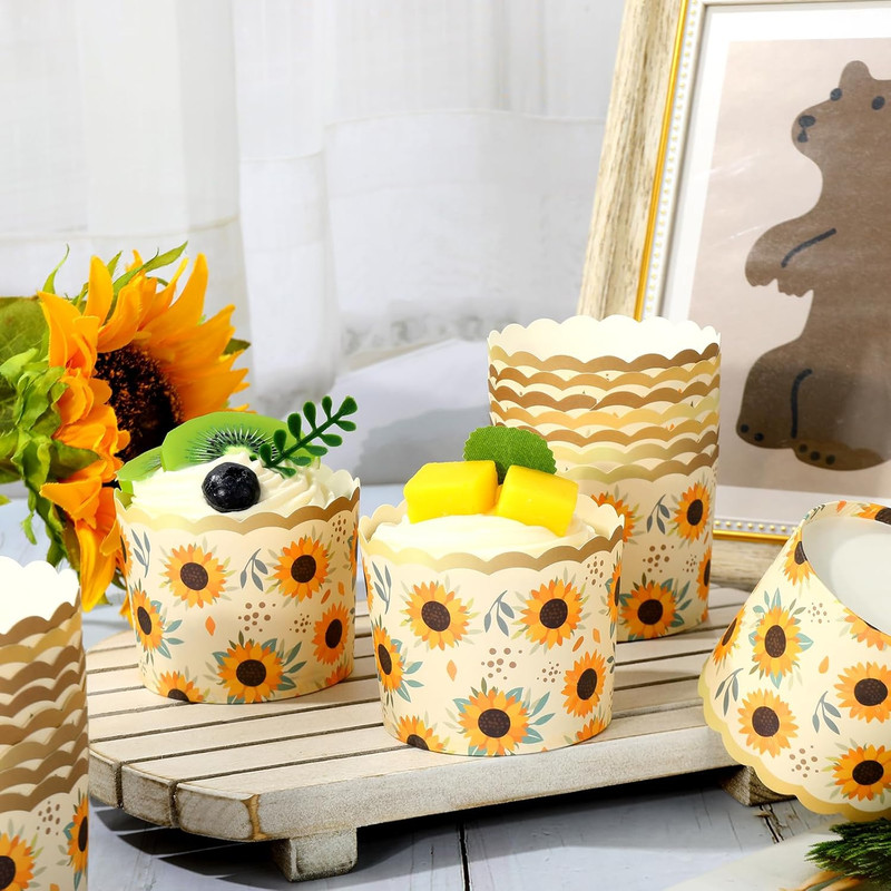 100 Pcs Summer Sunflower Paper Baking Cups with Scalloped Gold Rim Yellow Green gallery