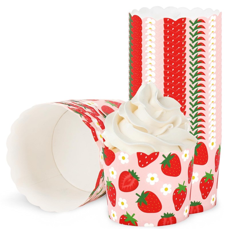 Strawberry Paper Baking Cups 100 PCS Pink Red Scalloped Muffin Wrappers