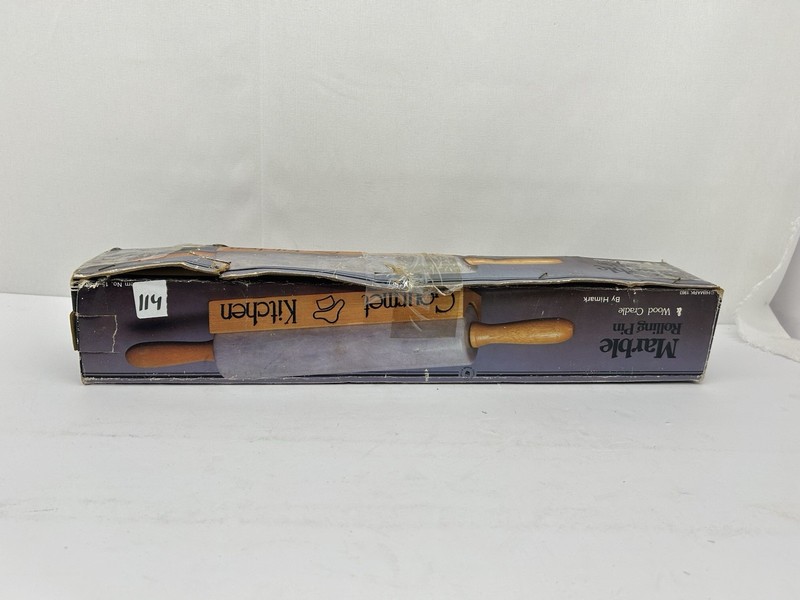 Vintage Gourmet Kitchen Marble Rolling Pin Gray Marbled Wood Handles & Cradle gallery