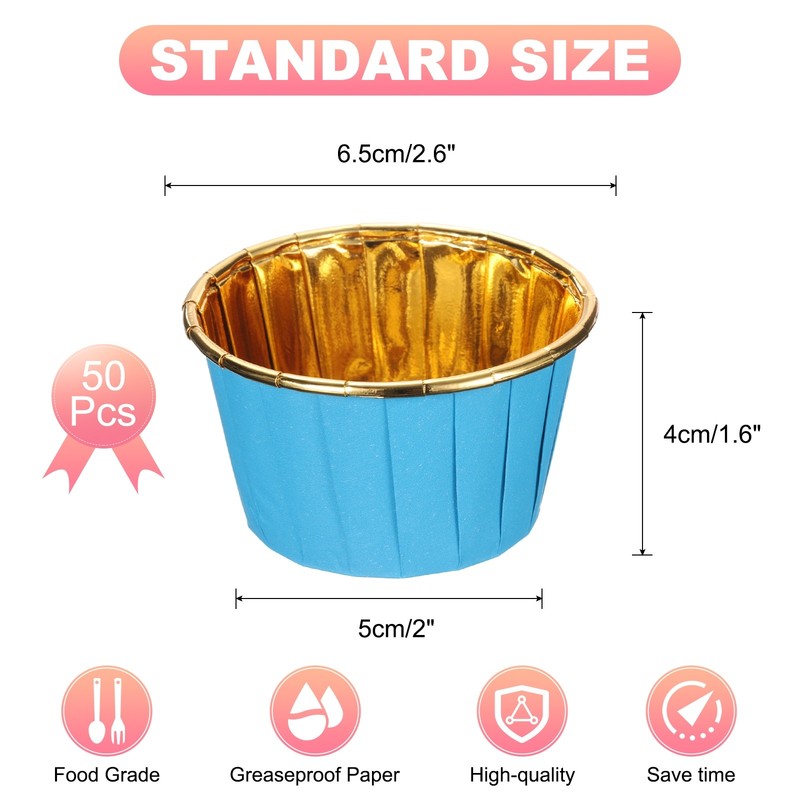 50Pcs Mini Metallic Foil Cupcake Liners for Baking Cupcake, Blue/Gold gallery