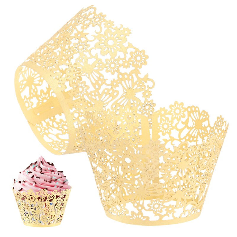 50-Pack Floral Cupcake Liners for Wedding Party Decoration[White Gold]