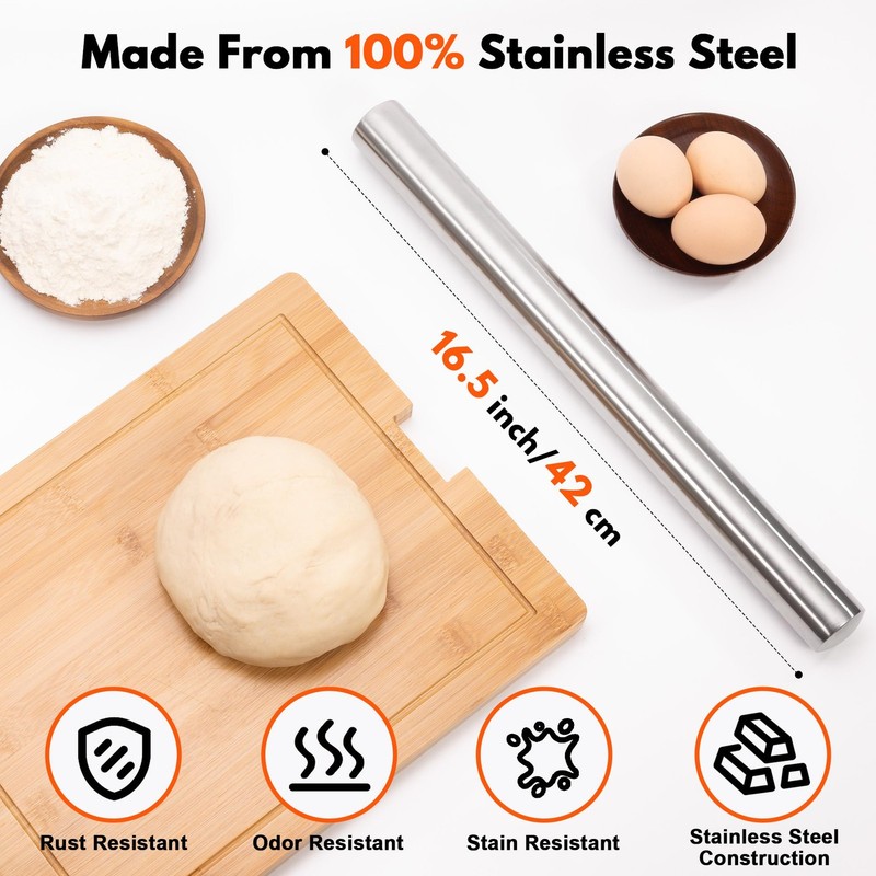 304 Stainless Steel Rolling Pin Dough Roller Fondant Pizza Dumpling Baking gallery
