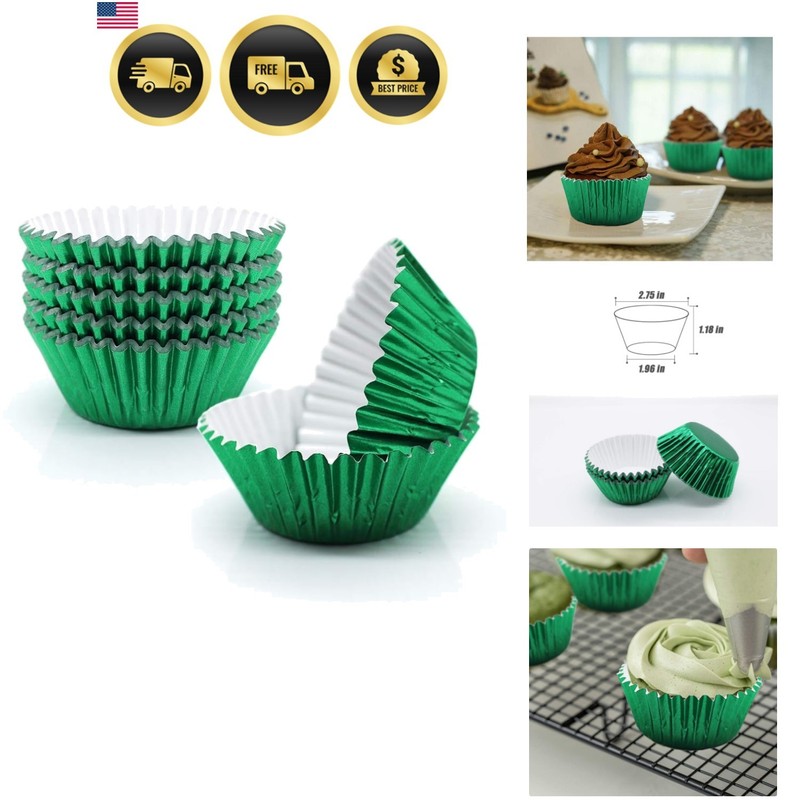 Cupcake Liners Green, Standard Size Green Foil Cupcake Liners Wrappers Metall...