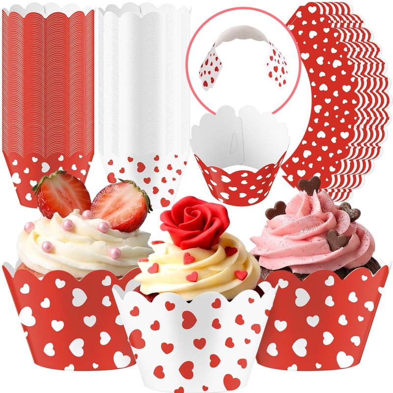 100 PCS Valentines Day Heart Cupcake Wrapper Rustic Red White Baking Liner