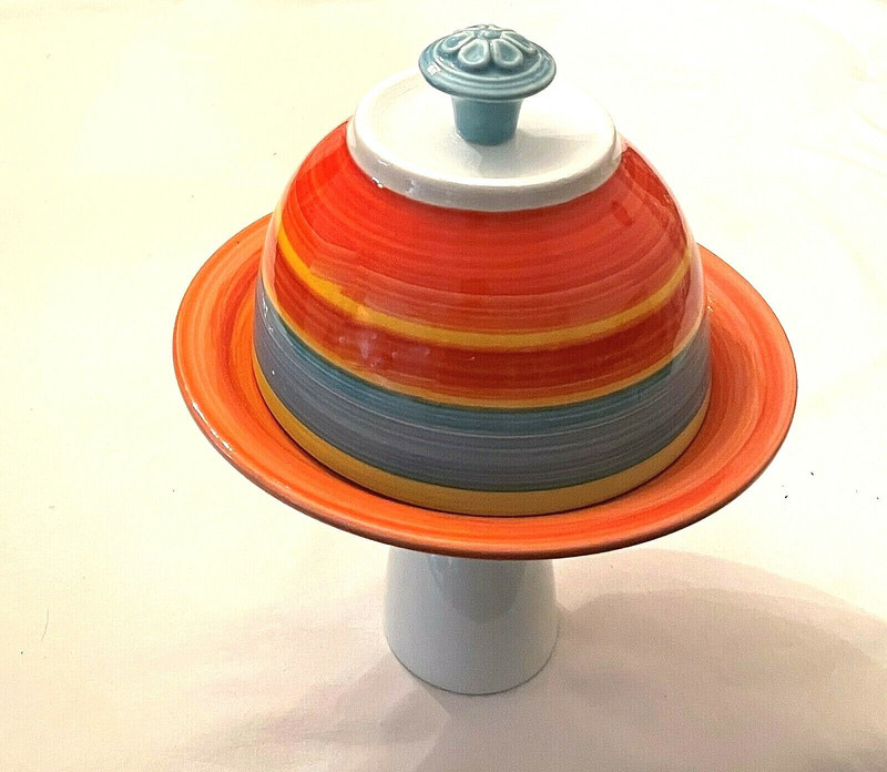 Ceramic Pedestal Cake Dish with Dome Cover Orange Blue Stripes 9″ tall x 7.5 in