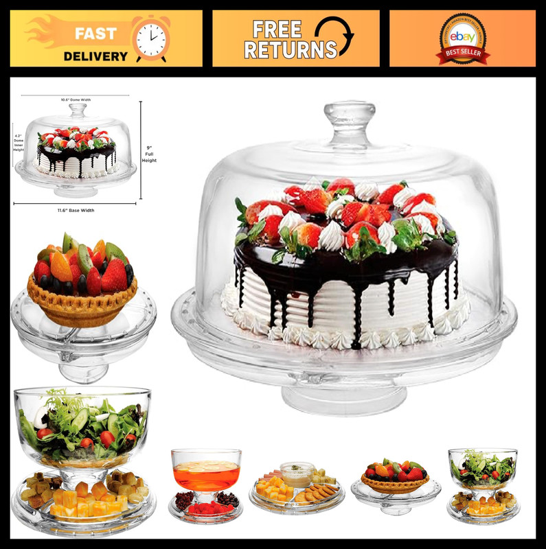 Extra Large 12″ 6-in-1 Acrylic Cake Stand with Dome Lid – Multifunctional Servin
