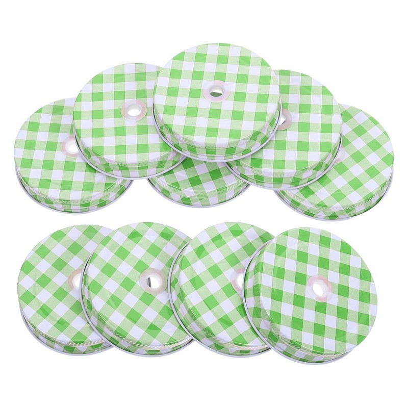 10pcs Mason Jar Lids with Straw Hole, Green Gingham Checkered Regular Mouth gallery