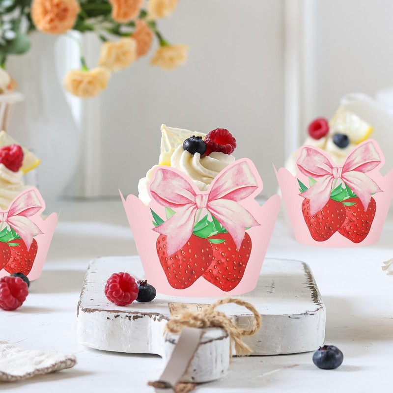 36PCS Pink Bow Strawberry Cupcake Wrappers Decorative Dessert Holders for Party gallery