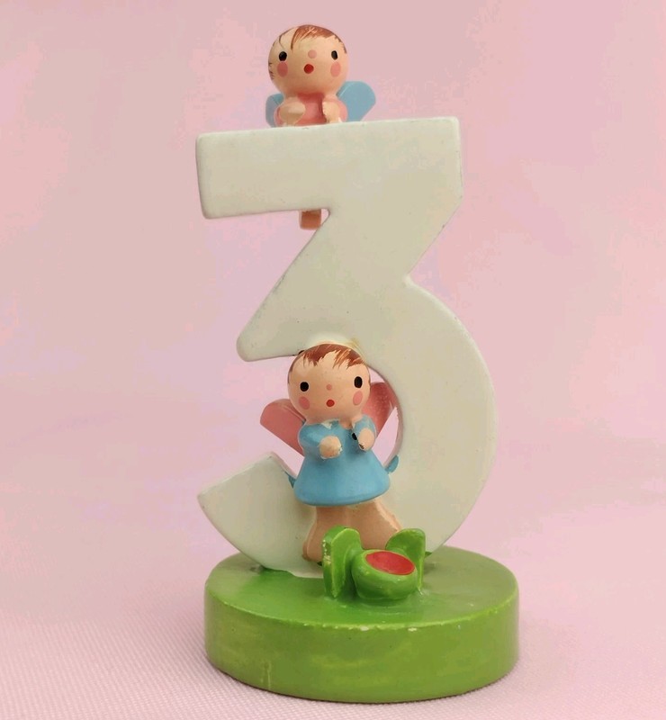 Vtg SEVI Italy Number 3 Birthday Cake Topper Wooden Angels/Fairies Hand painted gallery
