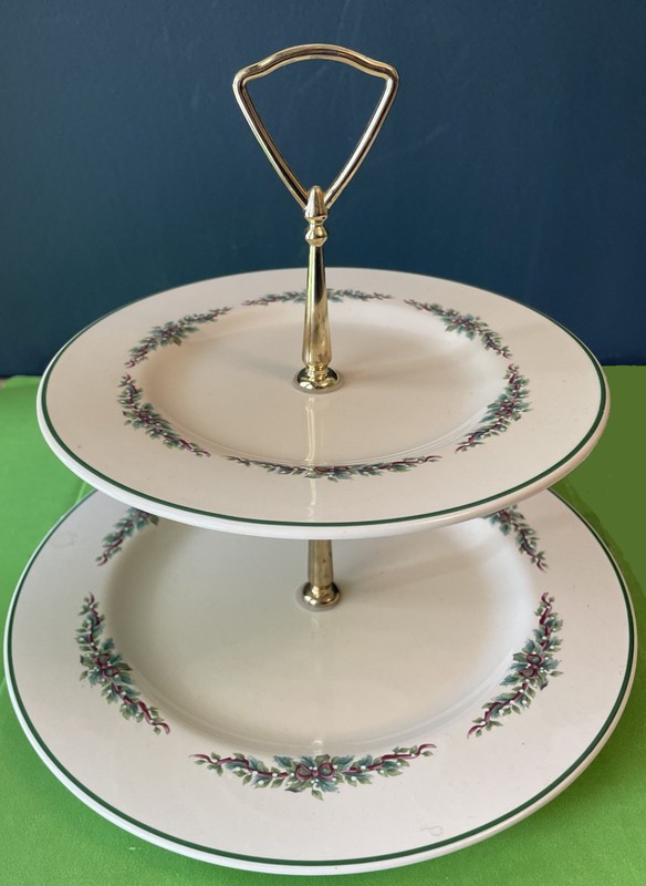 PFALTZGRAFF 2-Tier Dessert Stand, Ivory w/ Holly Design, Snack, Tea Serving Tray