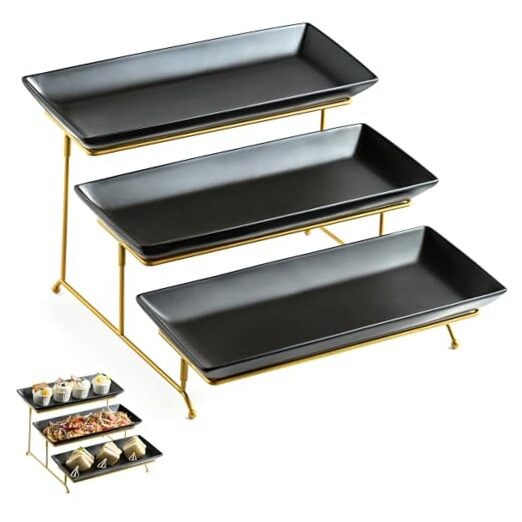 3 Tier Serving Tray Set, Tiered Serving Stand Black 14inch Rectangle platter