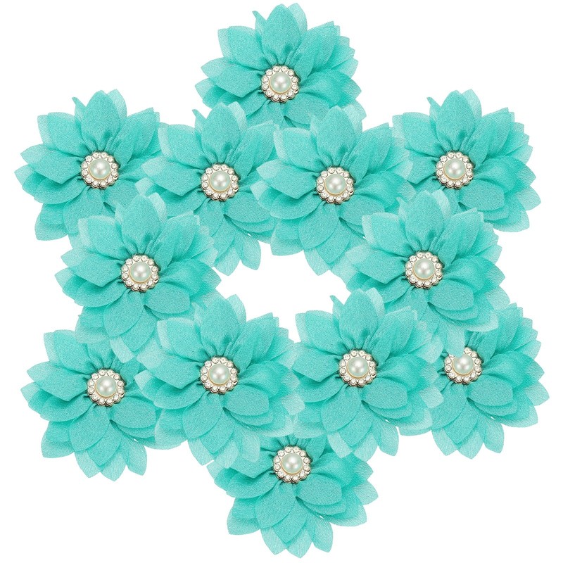 2.36 in Rhinestone Chiffon Flower, 12 Pcs Fabric Appliques, Green
