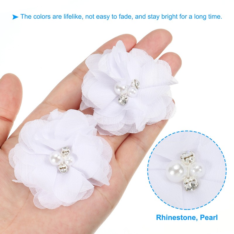 30Pcs 2" Chiffon Flowers with Rhinestone Pearl Appliques Embellishments White gallery