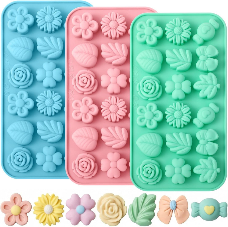 3 Pcs Flower Candy Molds Silicone 3D Daisy Rose Bow Tulip Leaf Chocolate Molds 1 gallery