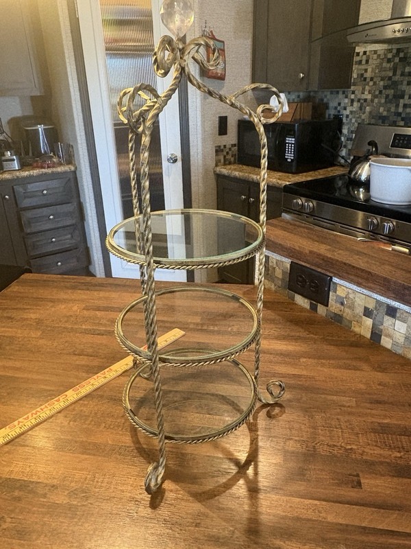 22 H Diminutive French Wrought Iron Decorative Étagère with Round Glass Shelves gallery