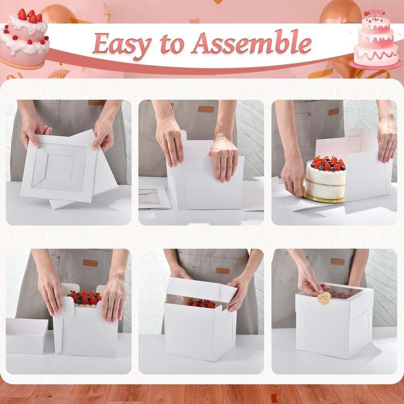 25Pcs 8x8x8 Inch Cake Boxes, White Bakery Boxes with Window, Square Disposabl... gallery