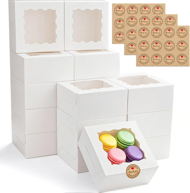 30Pcs Cookie Boxes with Window, 6X6X3 Inches White Bakery Boxes, 36 Pcs Stickers