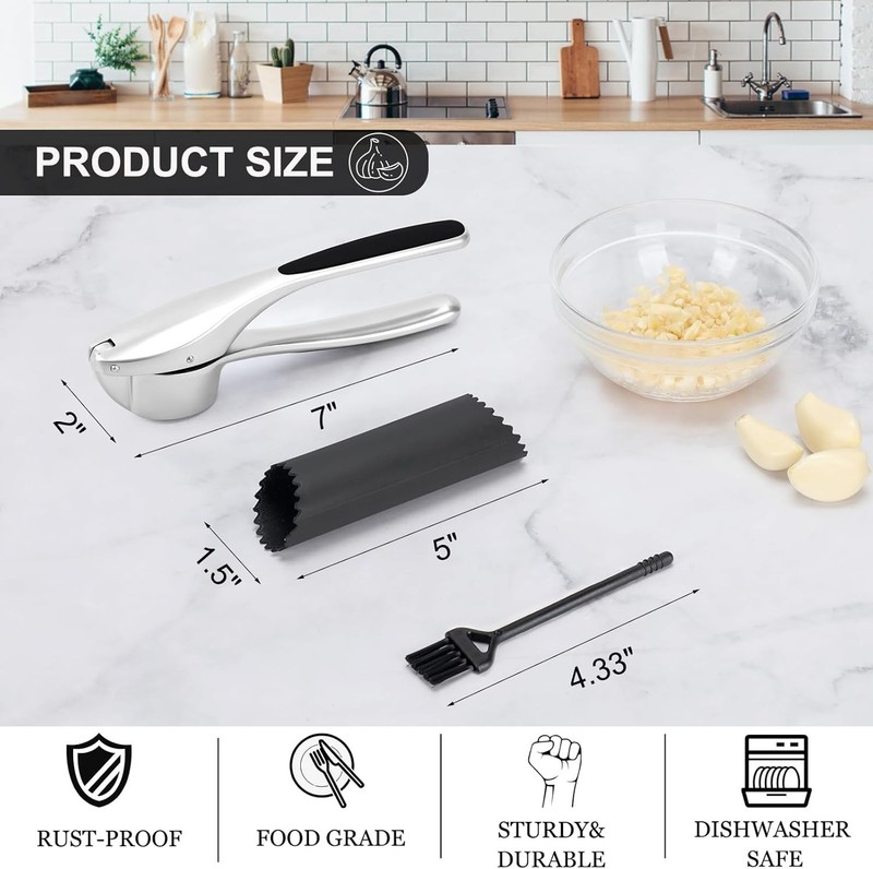 Garlic Press with Silicone Peeler & Brush - Mincer Tool - Easy to Gray gallery