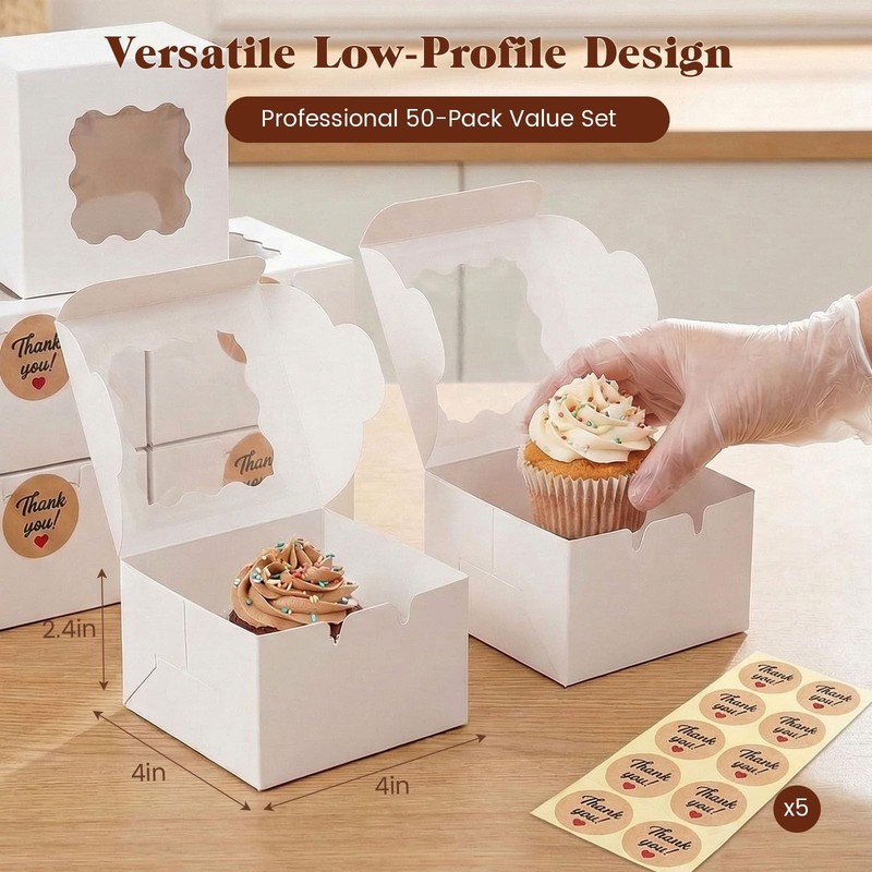 50 PCS Cookie Boxes Window White Bakery Cupcakes Desserts Fits 4x4x2.4 Inch gallery