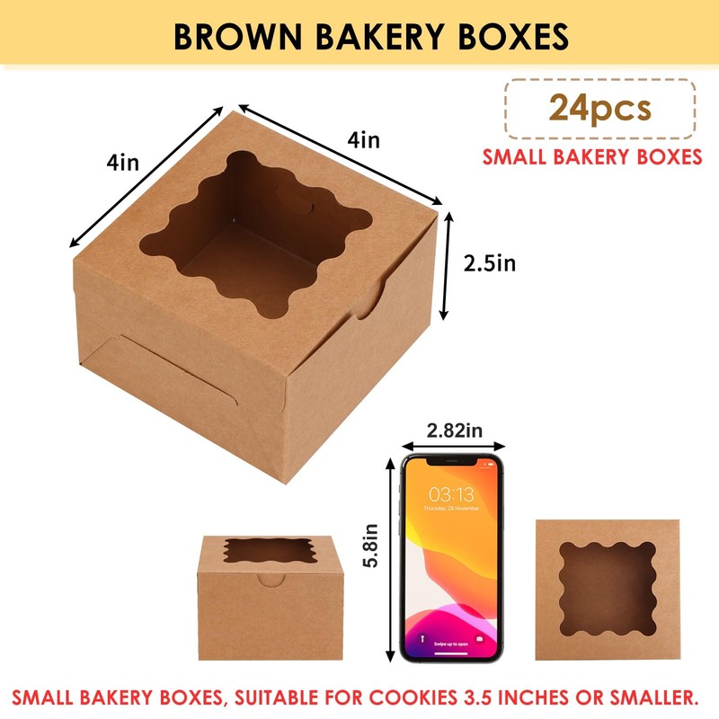 24pcs Bakery Boxes with Window, 4x4x2.5 Inches Brown Cookie Boxes for Small P... gallery