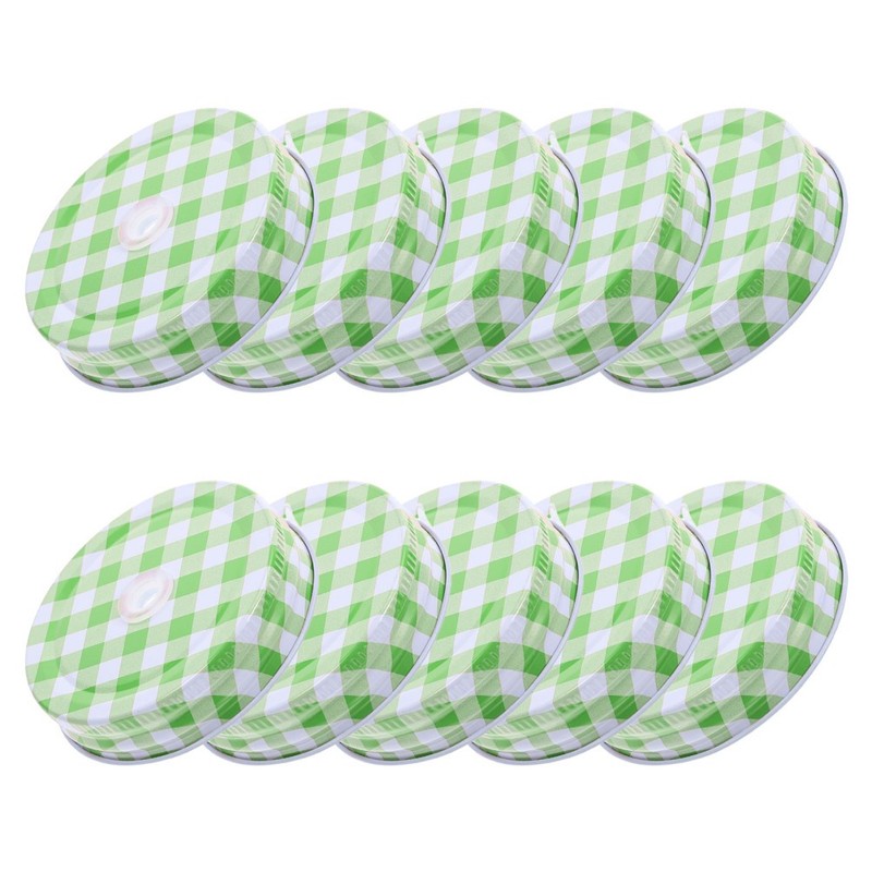 10pcs Mason Jar Lids with Straw Hole, Green Gingham Checkered Regular Mouth gallery
