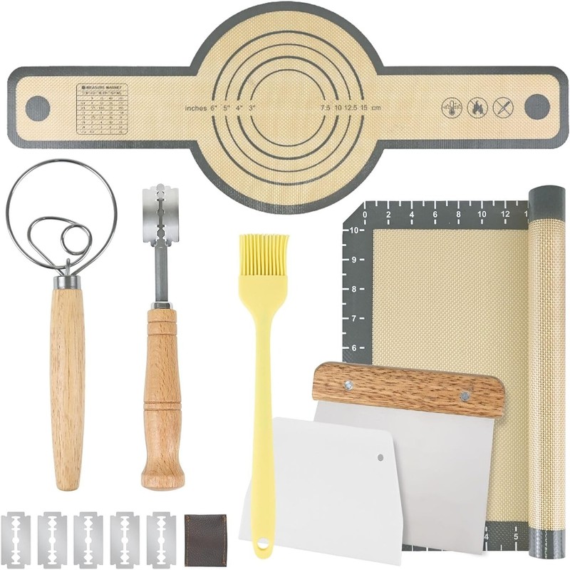 Bread Making Tools Set of 7, Including Silicone Pastry Mat, Round Baking Mat,